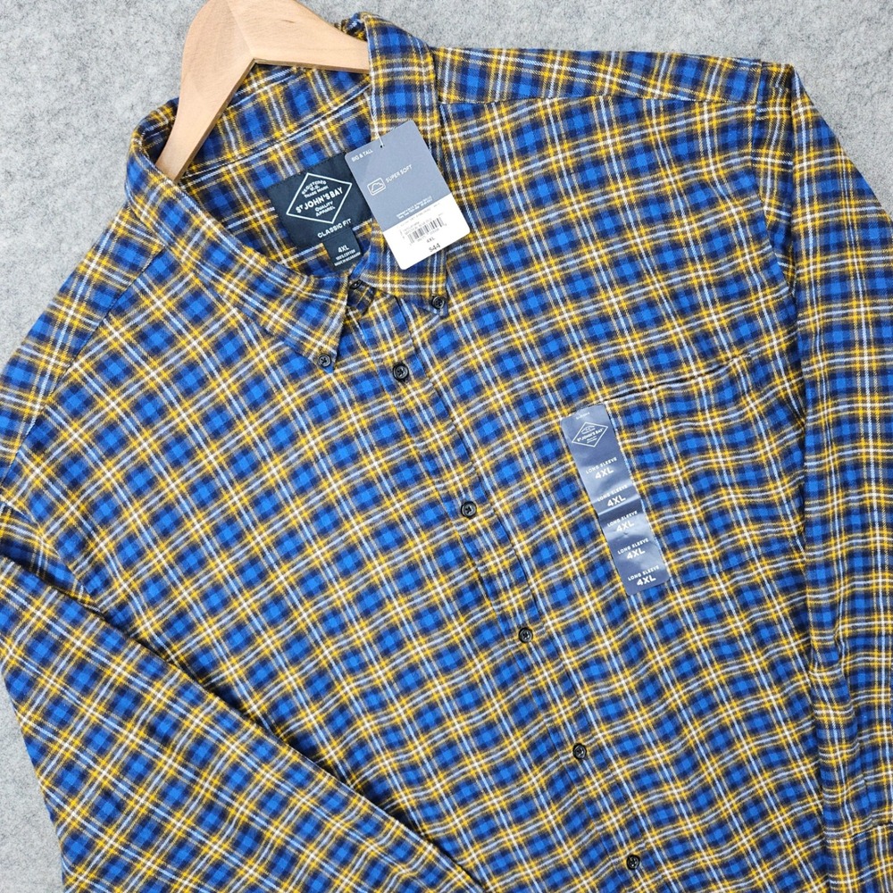 NEW St Johns Bay Flannel Shirt Men's 4XL Mystical Blue Plaid Long Sleeve NWT